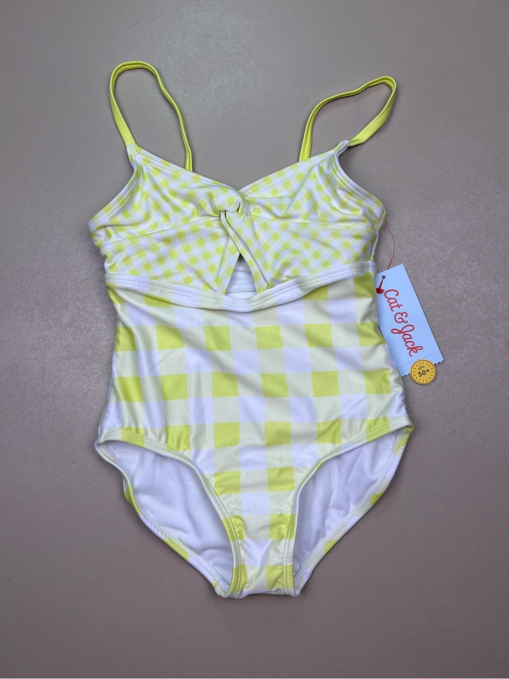 Cat & Jack Yellow Gingham One Piece Swimsuit Girls S 6/7 NWT UPF 50